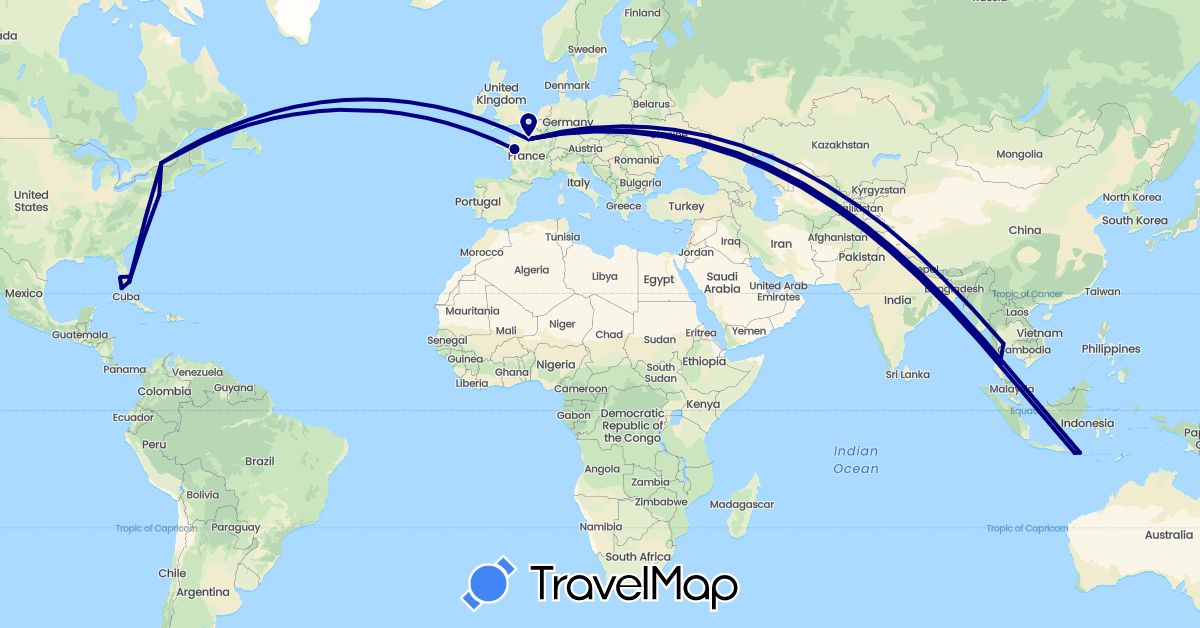 TravelMap itinerary: driving in Canada, France, Indonesia, Thailand, United States (Asia, Europe, North America)